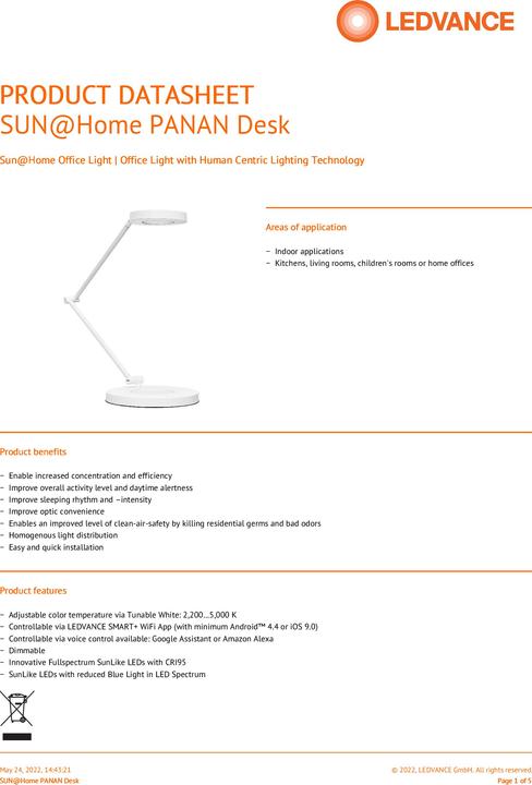 Actual product image Ledvance SUN@HOME SMART+ PANAN Desk Lamp WIFI TW (600 lm)