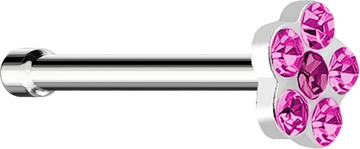 Star Piercing Nasenstecker gerade silber mit Blume und 5 Kristalle pink (ohne Messing, Chirurgenstahl 316L)