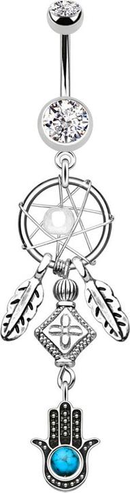 Star Piercing Banane silber mit Anhänger Traumfänger Hamsa und Feder silber (Messing, Chirurgenstahl 316L)
