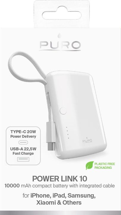 Produktbild SBS Puro Powerbank 5000mAh with integrated USB-C cable, Power Delivery 20W, whit (10000 mAh, 20 W, 37 Wh)