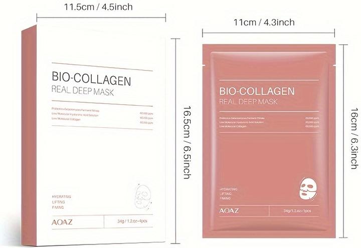 Produktbild PhoneLook 4er-Pack Bio-Kollagen Feuchtigkeitsmasken mit Hyaluronsäure und Niacinamid für alle Hauttypen (100 ml)