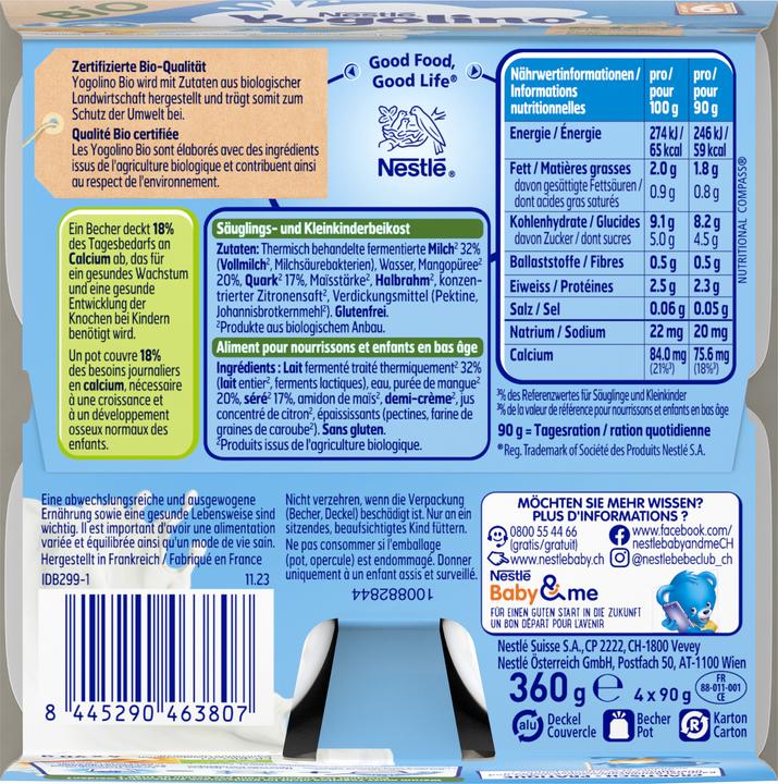 Nutritional values and ingredients Yogolino Organic Mango Curd 6 months (360 g)