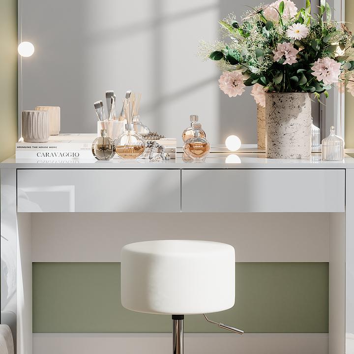 Produktbild Vichy Schminktisch Annabelle, Weiss Hochglanz/Weiss, 110 cm mit LED-Beleuchtung und Hocker (110 x 50 x 75.5 cm)