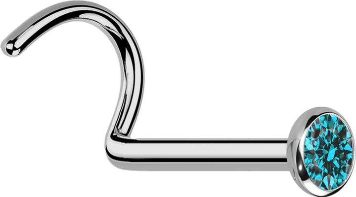 Star Piercing Nasenstecker gebogen silber mit flacher Halbkugel Kristall aqua (ohne Messing, Titan G23)