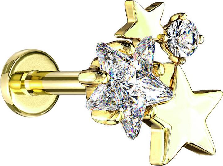 Star Piercing Micro Labret Innengewinde 14k vergoldet Sterne mit Kristall (Messing, Chirurgenstahl 316L)