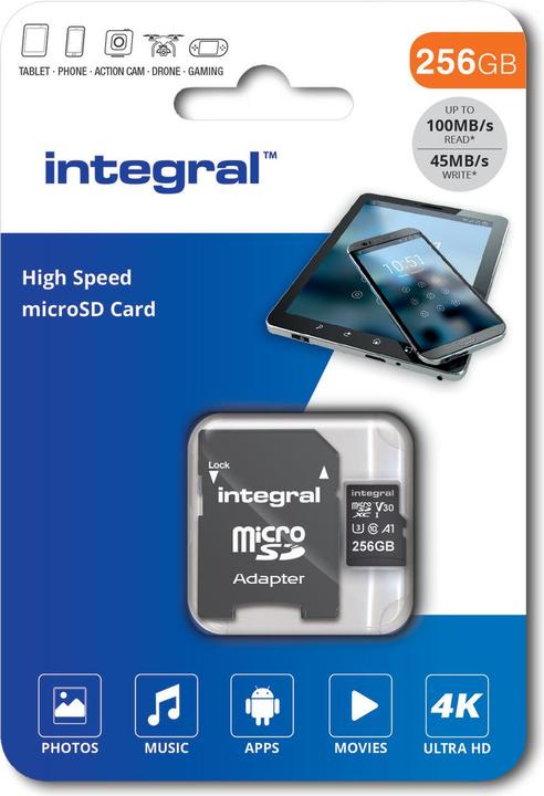 Productafbeelding INMSDX256G-100V30 256GB MICRO SD KAART MICROSDXC UHS-1 U3 CL10 V30 A1 TOT 100MBS LEZEN 45MBS (256 GB, microSDXC, U3, UHS-I)