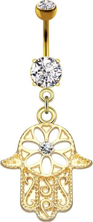 Star Piercing Banane 14k vergoldet mit Anhänger Hamsa verschnörkelt Kristall silber (Chirurgenstahl 316L, Messing)