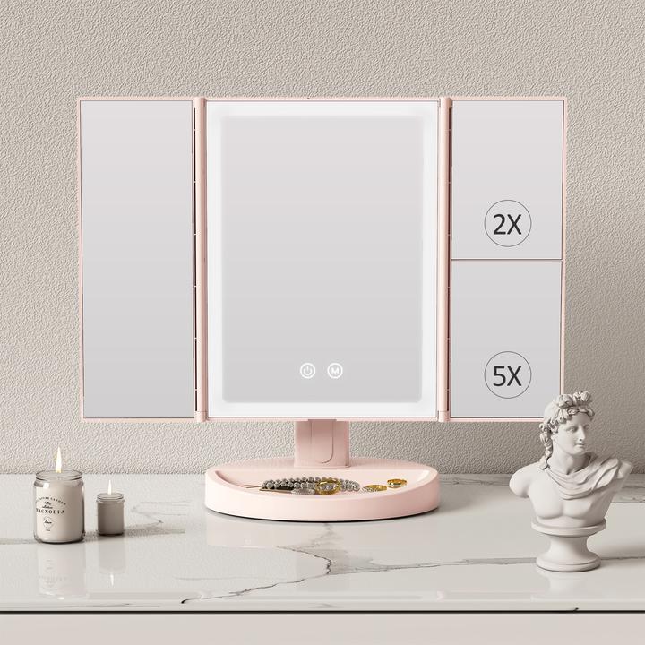 Produktbild Emke Beleuchteter Kosmetikspiegel, 1X+2X+5X Vergrößerung, 2000mAh USB wiederaufladbar, 3 Lichtfarben, Pin