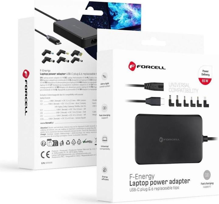 Actual product image Forcell Adapter F-ENERGY E856 uniwersal laptop charger 65W (6 adaptors) - czarny (65 W)