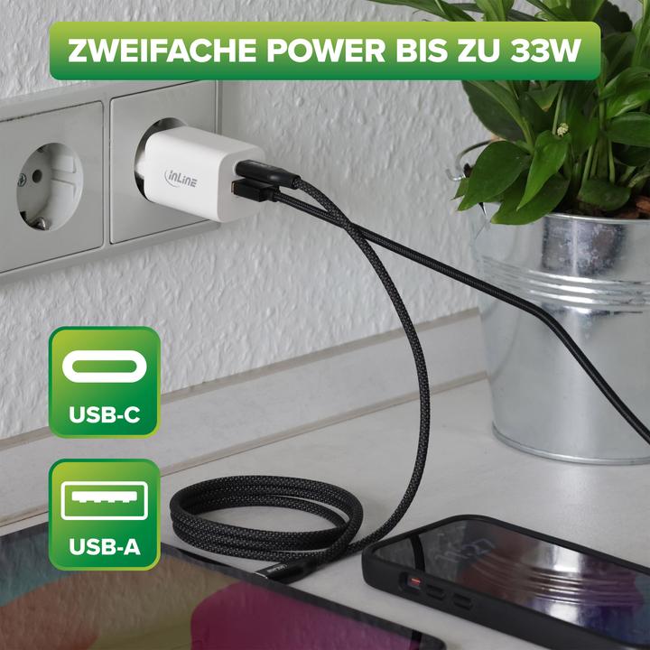 Actual product image InLine USB power adapter, charger, USB-A + USB-C, 33W, Power Delivery + Quick Charge, white (33 W)