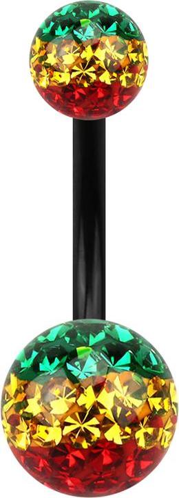 Star Piercing Banane schwarz mit zwei Kristall Kugeln Rasta Epoxy Schutzschicht (ohne Messing, Titan G23)