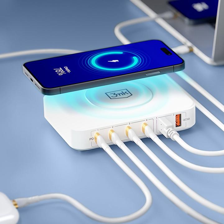 Produktbild 3MK Hyper Charger PowerMax 100W 4xUSB-C + 2xUSB-A stacja ładująca z ład. indukcyjną QC+PD (100 W)