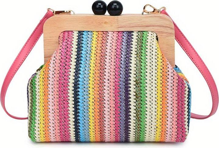Image du produit Only-Bags.Store Sac à bandoulière tissé vintage, embrayage Shell à rayures multicolores, fermeture à ressort en bois