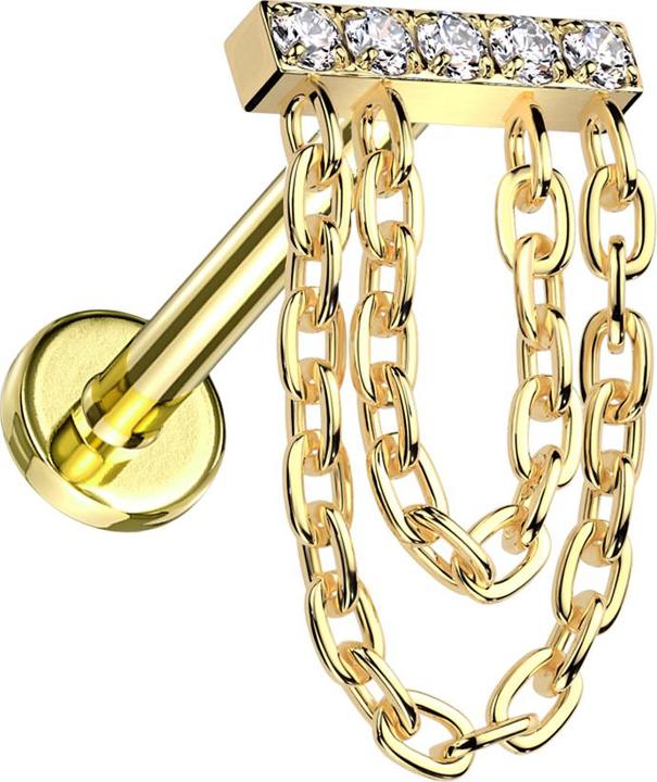 Star Piercing Micro Labret Innengewinde vergoldet Balken vergoldet Kristalle silber Anhänger zwei Ketten (ohne Messing, Titan G23)