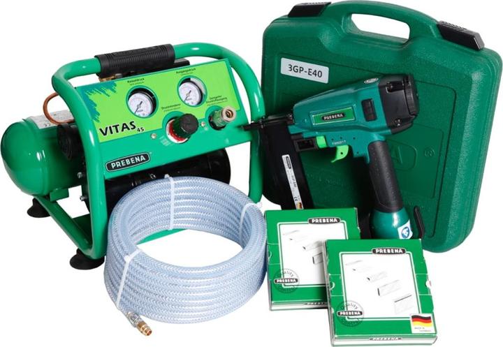 Produktbild Prebena Komplettpaket 3GP-E40 Druckluftnagler + Kompressor VITAS 45 + 10m Schlauch + 9200x passende