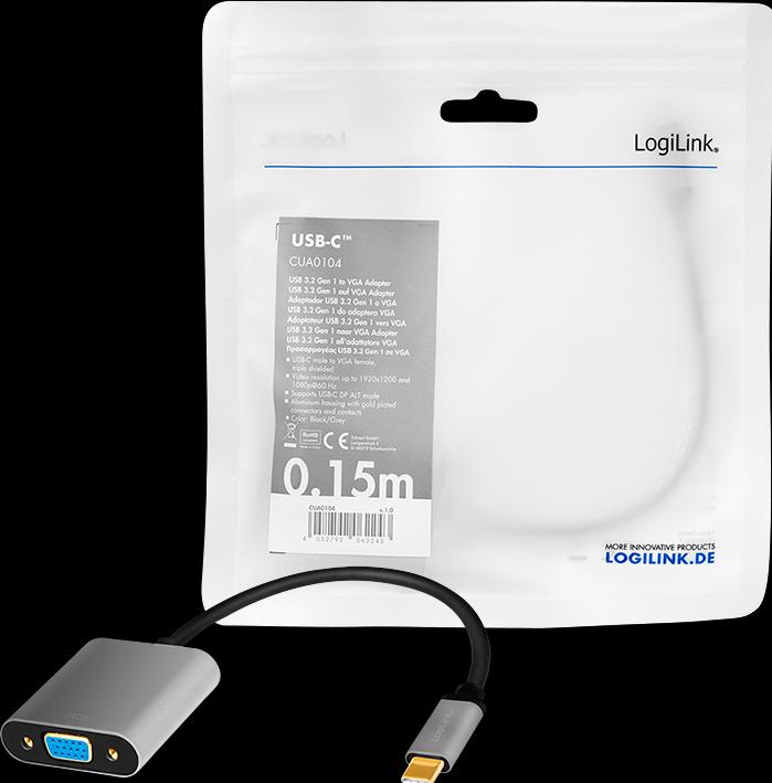 Image du produit LogiLink LinkLink CUA0104 Adaptateur USB 3.2 Gen 1 C/M vers VGA,1080p/60Hz, alu, noir/gris, 0.15 m (USB-C, 4.50 cm)