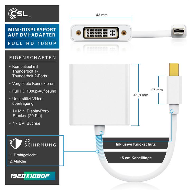 Produktbild CSL Full HD MiniDP zu DVI Adapter Kabel - Mini DisplayPort zu DVI Buchse (DVI, 11 cm)