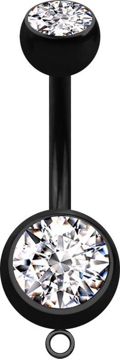 Star Piercing Banane schwarz mit zwei Kugeln Kristall silber und Ring für Anhänger (Chirurgenstahl 316L, ohne Messing)