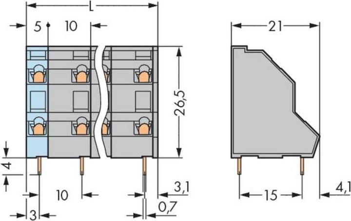 Actual product image Wago 736-704 Double-deck terminal strip for printed circuit boards 0.08-2.5 qmm grey