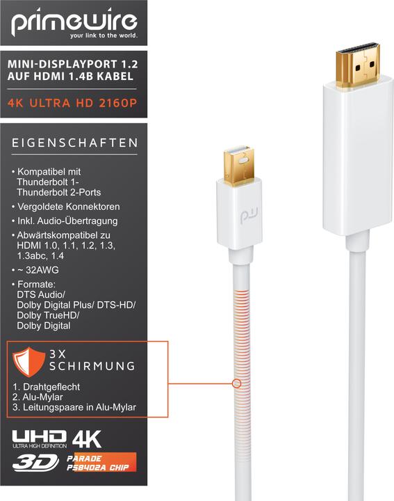 Produktbild Primewire 4k Mini Displayport 1.2 auf HDMI Kabel | Thunderbolt 1- und Thunderbolt 2 Ports | 4K Ultra HD 2160p (2 m, DisplayPort, HDMI)