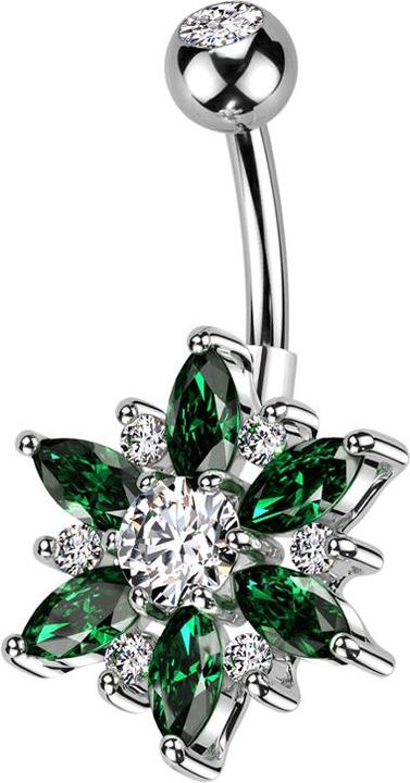Star Piercing Banane silber mit Kugel silber Kristall silber und Blume Kristalle silber und grün (Messing, Chirurgenstahl 316L)