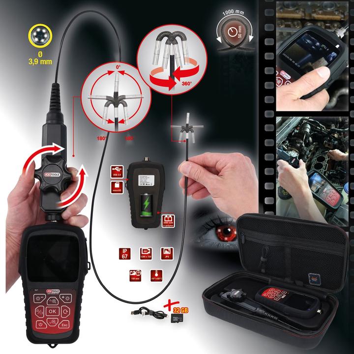 Actual product image KS Tools HD videoscope set with Ø 3.9 mm 180° and 0° HD front camera probe, flexible PVC sheath, 3-piece