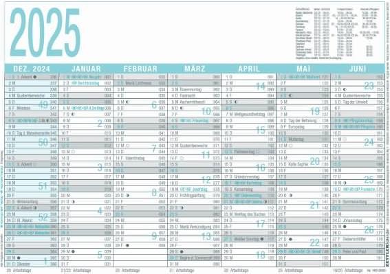 Immagine prodotto Calendario giorni lavorativi 2025 grigio/turchese, 29,7x21cm, calendario poster con 6 mesi su 1 (A4, Copertina rigida, Tedesco)