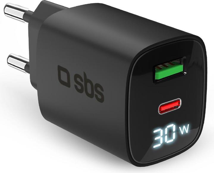 Actual product image SBS PD travel charger 30W USB-C/18W USB LCD GaN black (30 W)