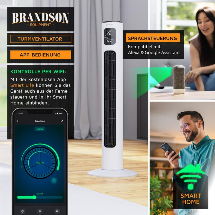 Produktbild Brandson Turmventilator WiFi, Eco DC-Motor 35W, App-Steuerung/Sprachbefehl, Timer, leiser Lüfter, Oszillation (52 dB)