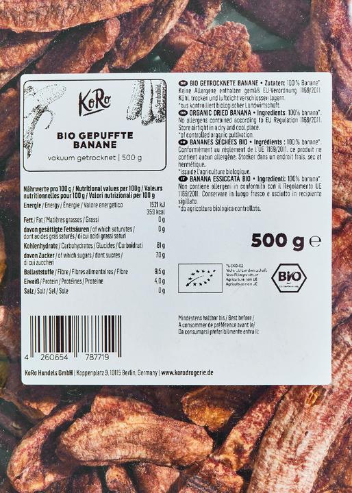 Nährwerte und Zutaten KoRo Bio getrocknete Banane (500 g)