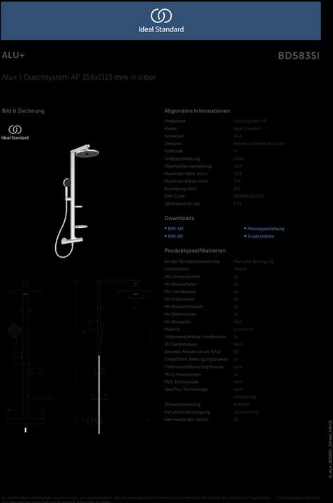 Produktbild Ideal Standard Duschsystem Alu+: Ceratherm Brausethermostat 2 Ablagen, 2F-Handbrause, 2F-Kopfbrause