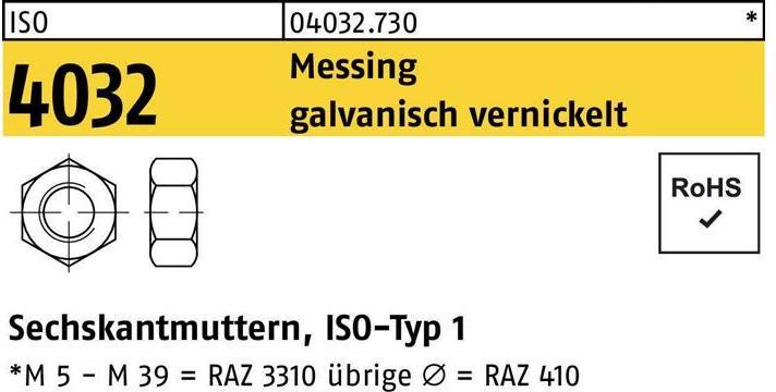 Produktbild Bufab Sechskantmutter ISO 4032 M 5 Messing galvanisch vernickelt (M5)