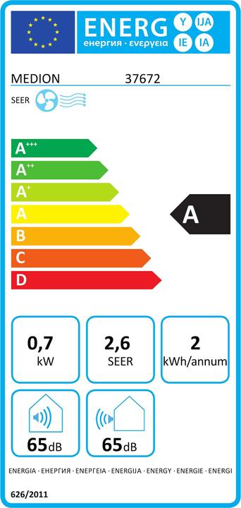 Energie-Label Medion LIFE® P701 KLIMAANLAGE (MD 37672) Kühlen, Entfeuchten und Ventilieren, Kühlleistung 7.000 BTU, Kühlm (25 m², 7000 BTU/h)