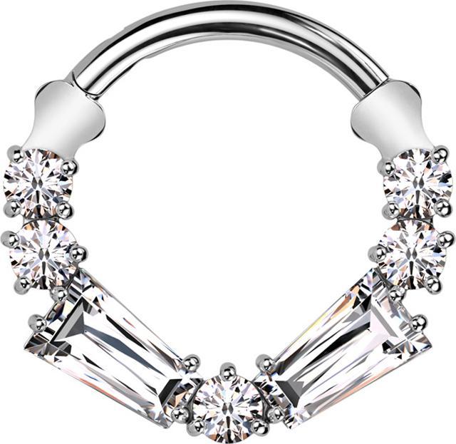 Star Piercing Micro Segmentring klappbar silber fünf Kristalle rund zwei Kristalle Baguette (ohne Messing, Titan G23)