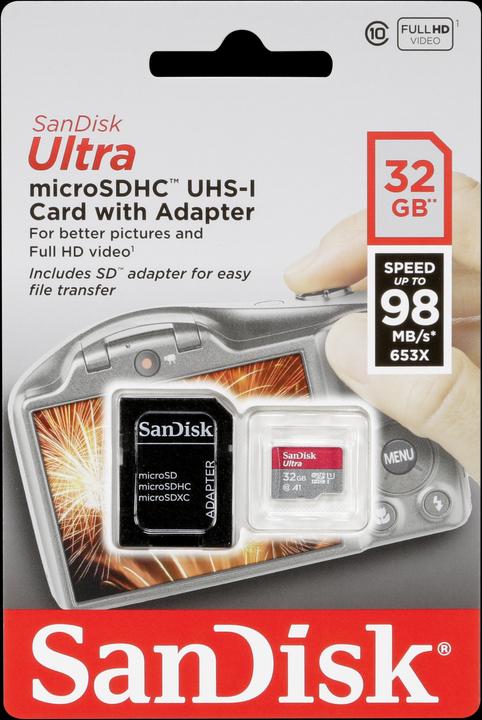 Immagine prodotto SanDisk Ultra microSDHC 32GB 98MB/s Adapt. (32 GB, microSDHC, U1, UHS-I)