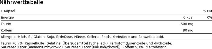 Nährwerte und Zutaten Biotech USA Caffeine Taurine (60 Stück, Kapseln, 70 g)