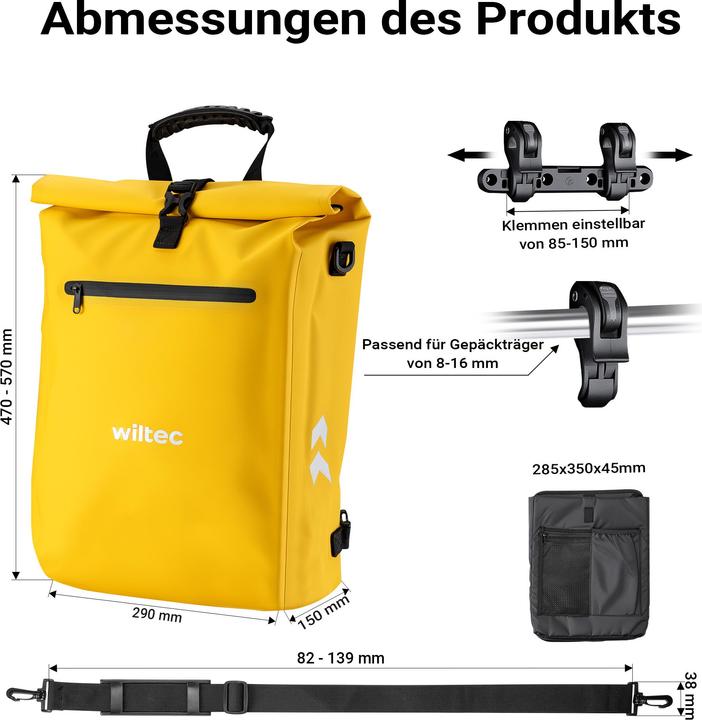 Produktbild Wiltec Gepäckträgertasche gelb 25l Fahrradtasche Rucksack Gepäcktasche (25 l, Gepäckträgertasche)