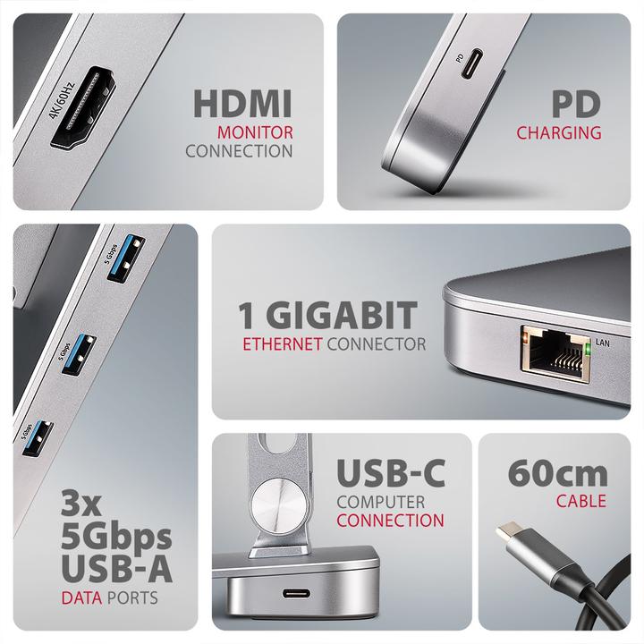 Produktbild Axagon HMC-STND Ständer für Laptops und Tablets, USB-C-Hub - silber (USB-C, 7 Ports)