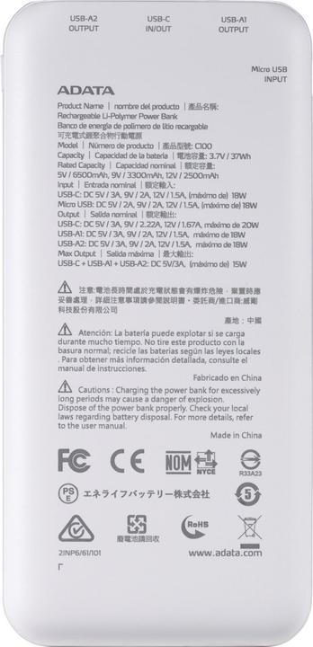 Actual product image Adata POWER BANK USB 10000MAH WHITE/PC100-14WH (10000 mAh, 20 W, 37 Wh)