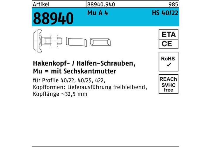 Produktbild Halfen Hammerkopfschraube R 88940 Typ 40/22 6-kantmutter M 12 x 80 Mu A 4 (25 Schrauben pro Stück)