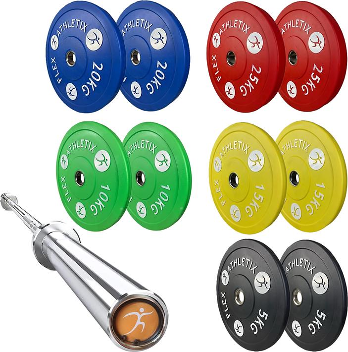Actual product image FlexAthletix Bumper Plates Set & Barbell (2 x 5 kg, 2 x 10 kg, 2 x 15 kg, 2 x 20 kg, 2 x 25 kg)