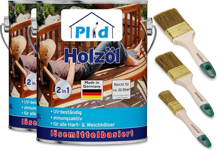 Actual product image Plid Wood oil 5L for approx. 50m² + brush set 3 pcs / wood care oil garden furniture (Douglas fir, 5 l)