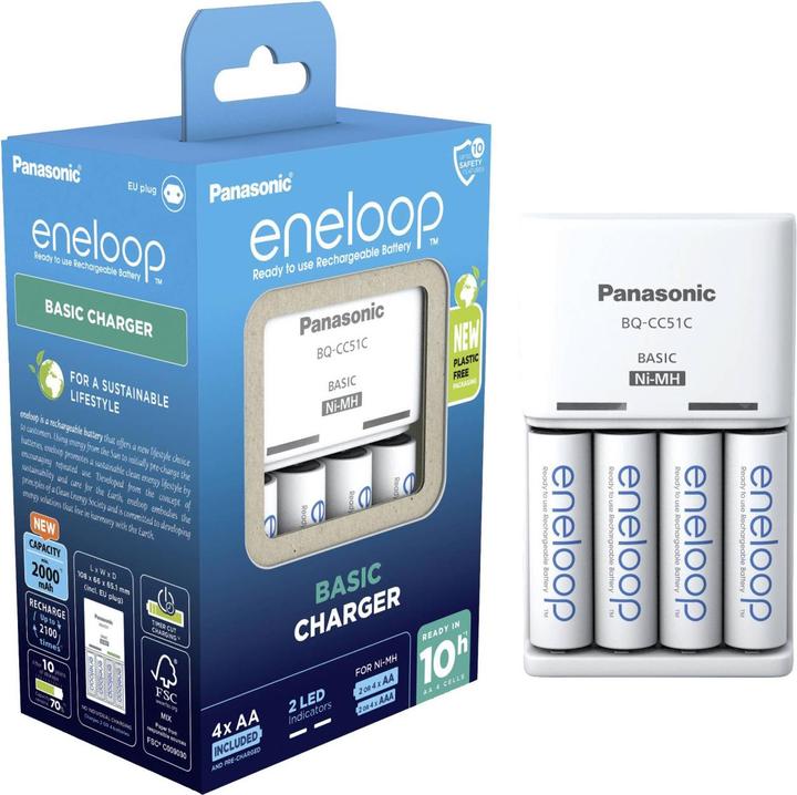 Produktbild Panasonic eneloop Basic Charger BQ-CC51 (4 Stk., AA, AAA, 1900 mAh, Ladegerät inkl. Akku)