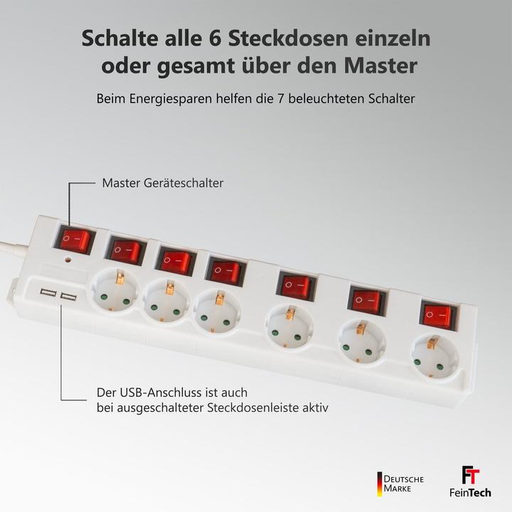 Actual product image FeinTech MD000652 6-Fach Steckdosenleiste einzeln schaltbar mit 2x USB (6 x)