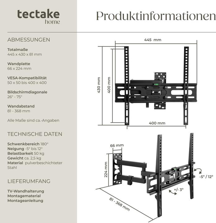 Actual product image tectake TV wall mount (Wall, 55", 50 kg)