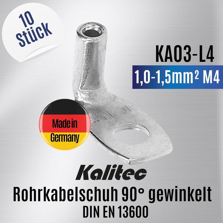 Produktbild Kalitec 10 Stück KA03-L4 Handelsübliche Rohrkabelschuhe gewinkelt 1,0mm²-1,5mm² M4 I ohne Sichtloch