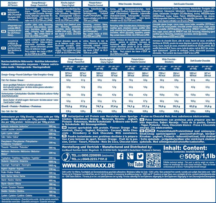 Nährwerte und Zutaten IronMaxx 100% Whey Protein (500g Beutel) (Latte Macchiato, 1 Stk., 500 g)