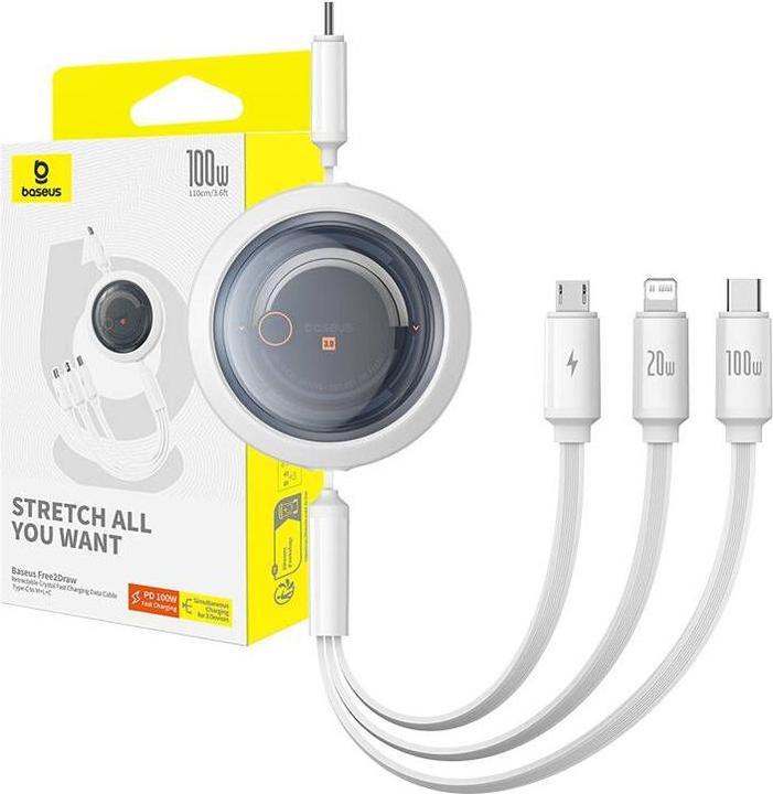 Actual product image Baseus Fast Charging Cable 3in1 Free2Draw USB-C to USB-C/Lightning/Micro 100W, 1.1m (white) (1.10 m, USB 3.2 Gen 1, 100 W)
