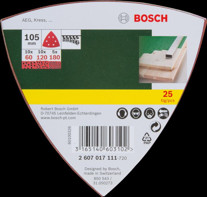 Actual product image Bosch Zubehör Sanding sheet set for delta sander, 105 mm, 60, 120, 180, 6 holes, 25-pack (60, 80, 180)