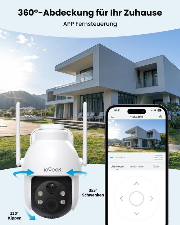 Actual product image IeGeek 2K 3MP PTZ Überwachungskamera mit Solar-Akku (2560 x 1440 Pixels)